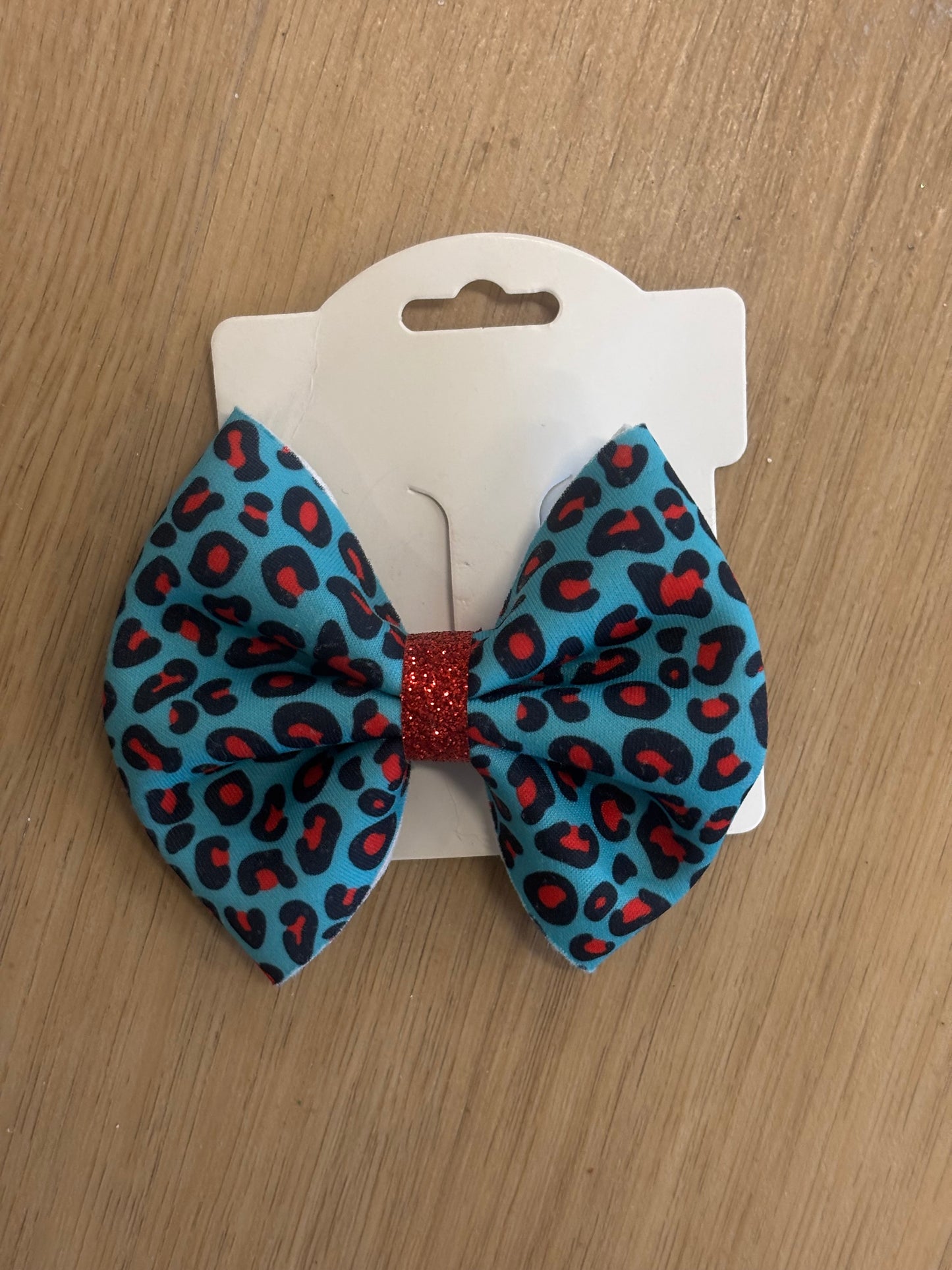 Teal and Red Leopard Bow