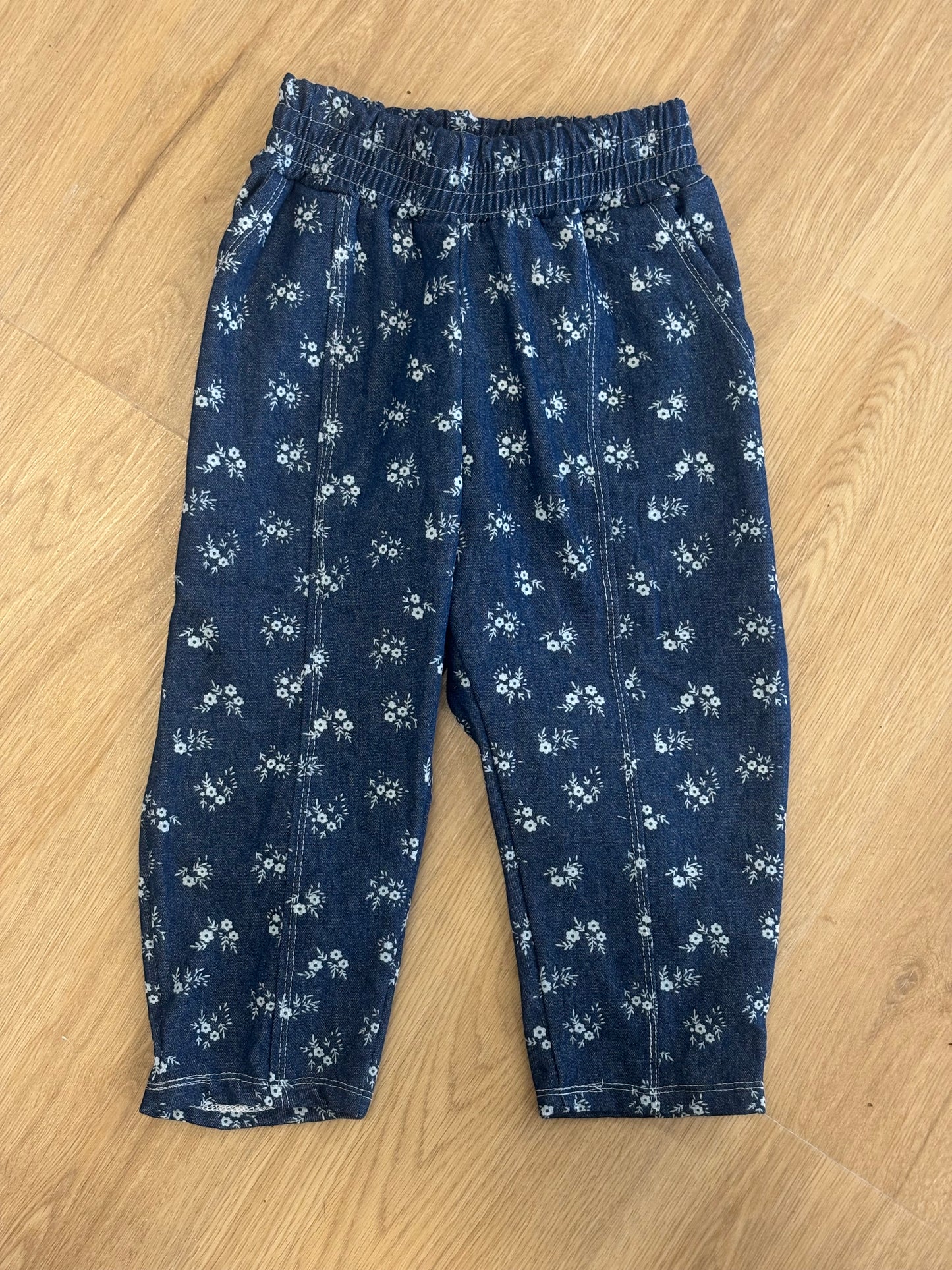 Blue Denim White Flower Pant