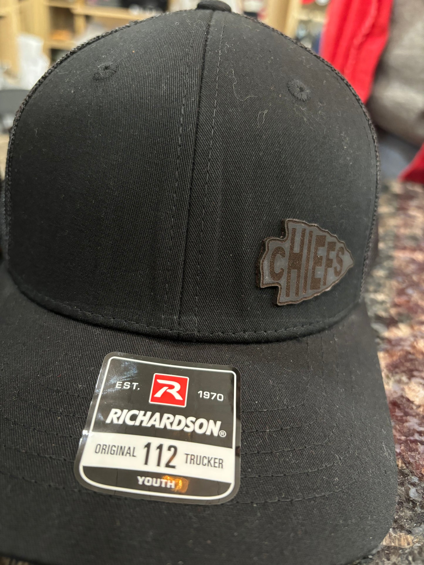 Black Chiefs arrowhead leather side patch Y