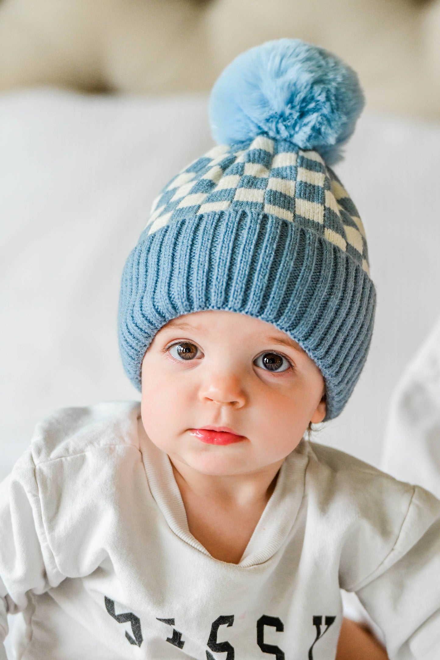 CHECKER POM BEANIE SKY