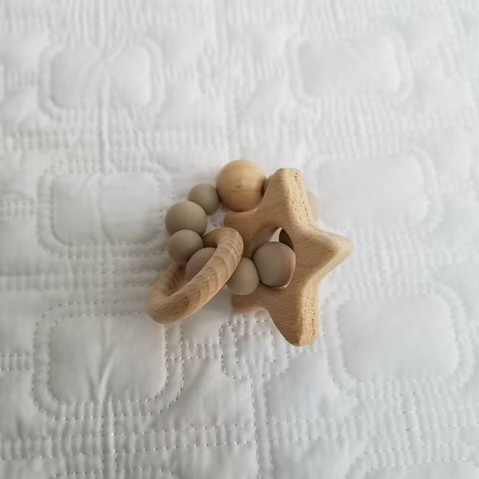 Star Wood and Silicone Teether Gray