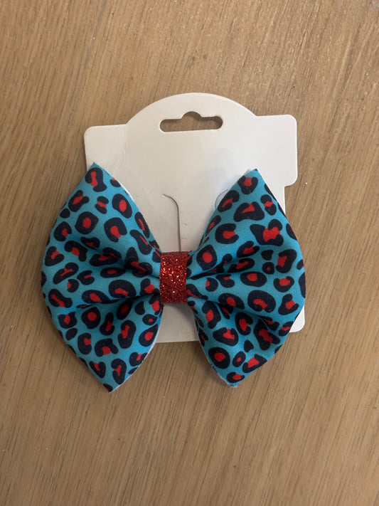 Teal and Red Leopard Bow