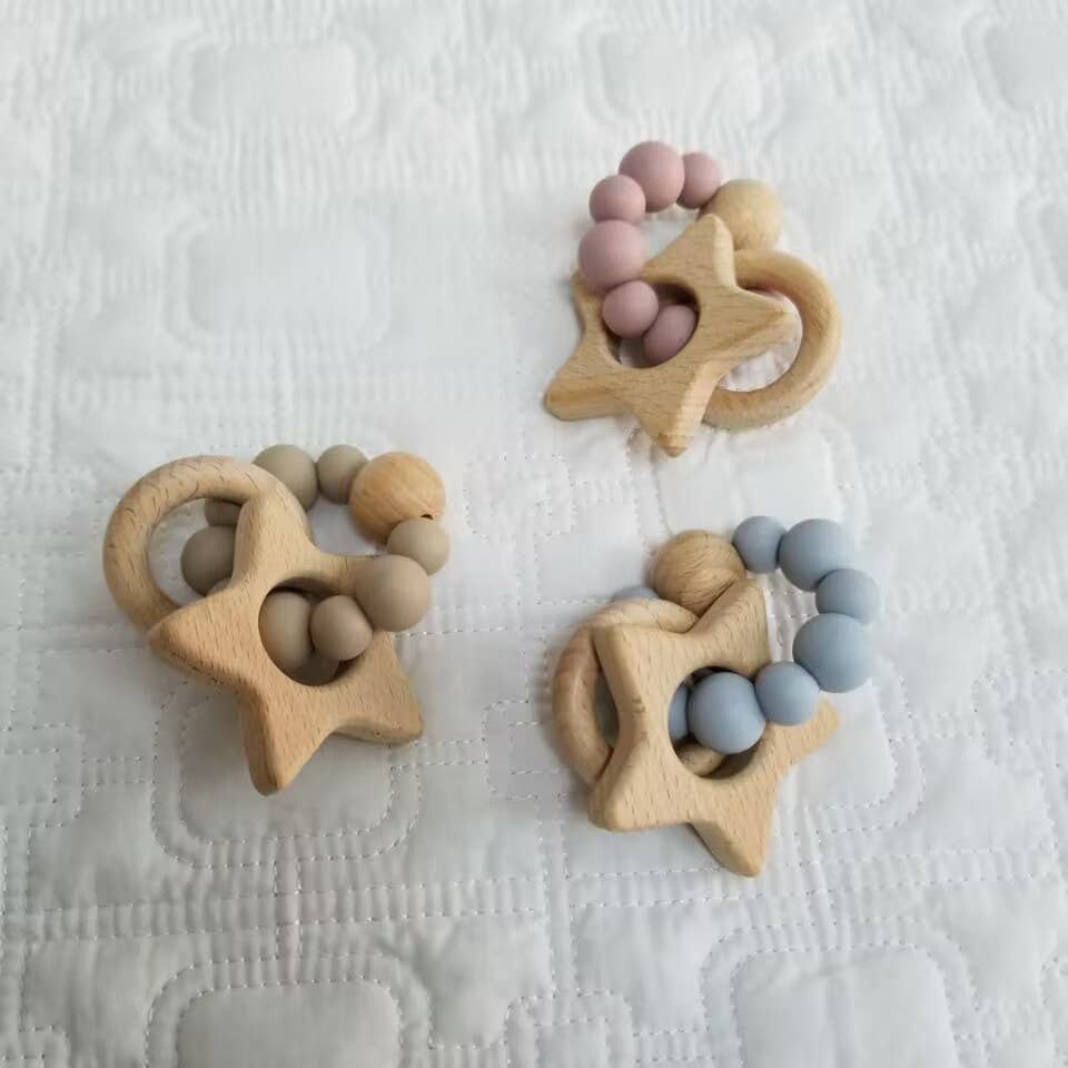 Star Wood and Silicone Teether Gray