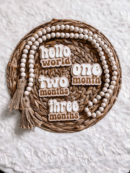 Wooden Monthly Milestone Set - Retro 3D Font: 12 Months + Hello World