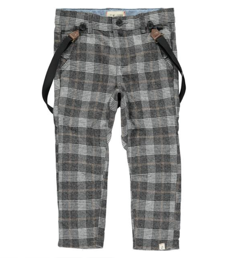 Grey plaid pants w/ suspenders