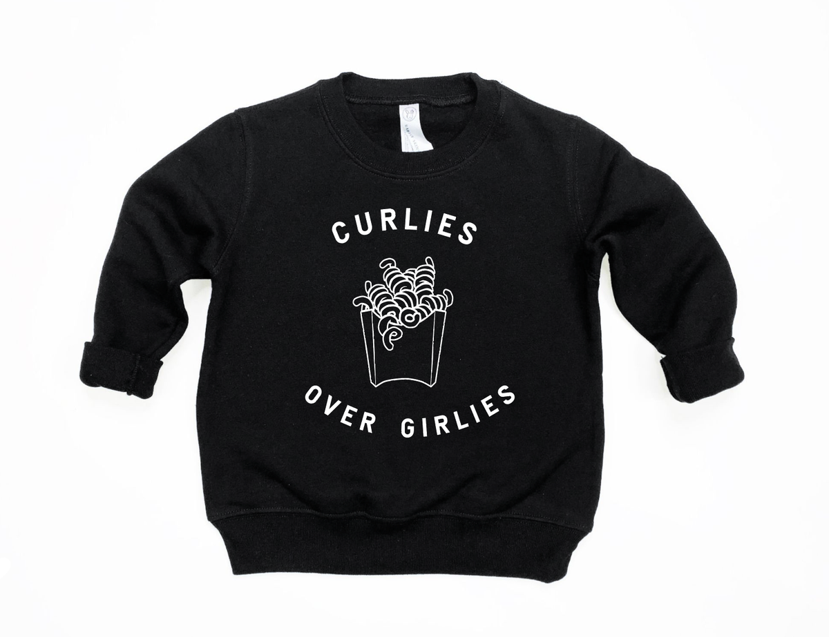 Black sweatshirt with "Curlies Over Girlies" text and a curly fries graphic, ideal for casual and fun outfits.
