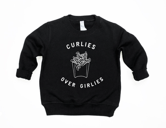 Black sweatshirt with "Curlies Over Girlies" text and a curly fries graphic, ideal for casual and fun outfits.