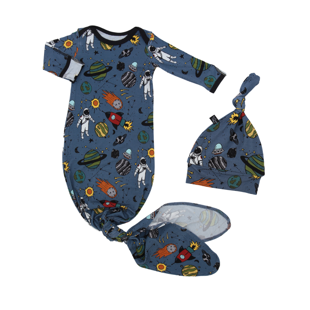 Stormy Space Doodle Bamboo Knotted Newborn Gown + Hat Set Peregrine