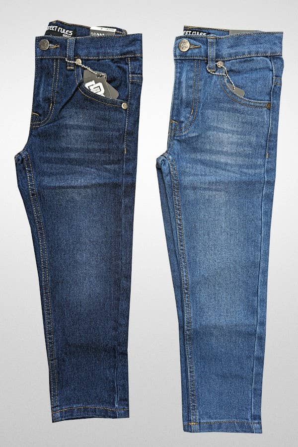 Two pairs of denim pants dark washes with front pockets and tags attached.