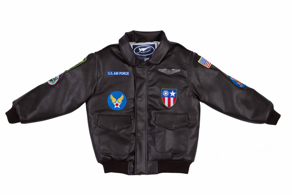 Black bomber jacket featuring U.S. Air Force patches and a classic design for a vintage-inspired look.